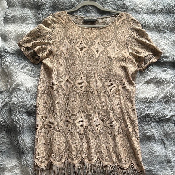 Vintage Giorgio Sant’Angelo Lace Tan Gold Mini Dress Cover Up - Picture 2 of 5